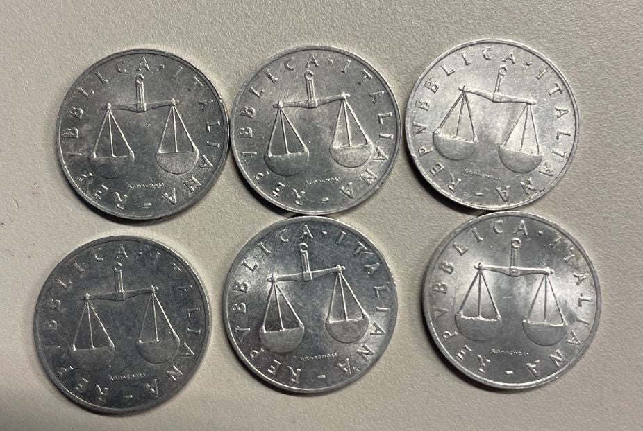NL*Italia Repubblica 1 LIRA CORNUCOPIA 1956 lotto composto da 6 pezzi come foto