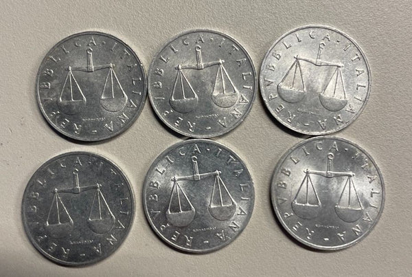 NL*Italia Repubblica 1 LIRA CORNUCOPIA 1956 lotto composto da 6 pezzi come foto
