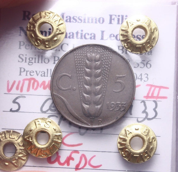 NL*VEIII Italia 5 CENTESIMI SPIGA 1933 QFDC Perizia Filisina Massimo