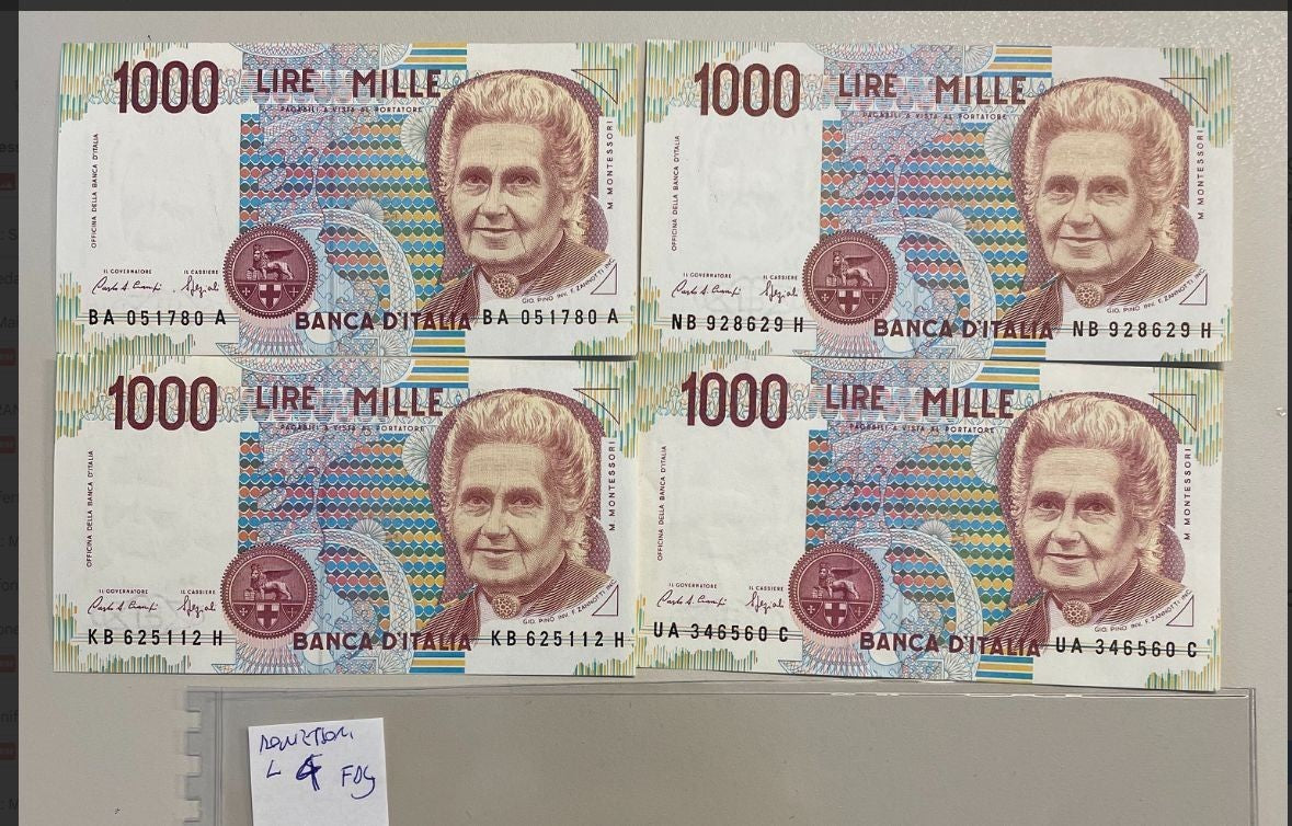 NL*BANCA D' ITALIA lotto 4 4 BANCONOTE 1000 Lire MONTESSORI FDC FIOR di Stampa