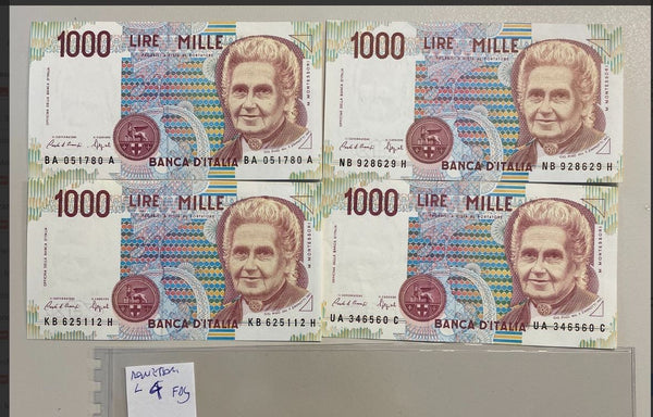 NL*BANCA D' ITALIA lotto 4 4 BANCONOTE 1000 Lire MONTESSORI FDC FIOR di Stampa