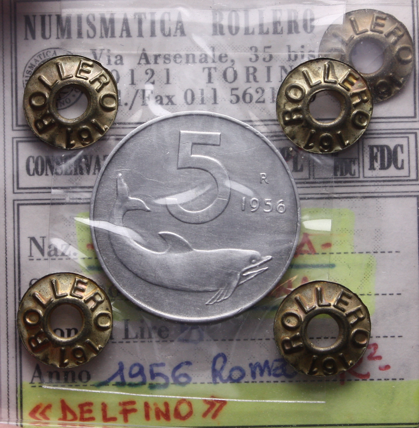 NL* Italia 5 LIRE DELFINO 1956 MOLTO RARA R2 BB/SPL Perizia Rollero Piero