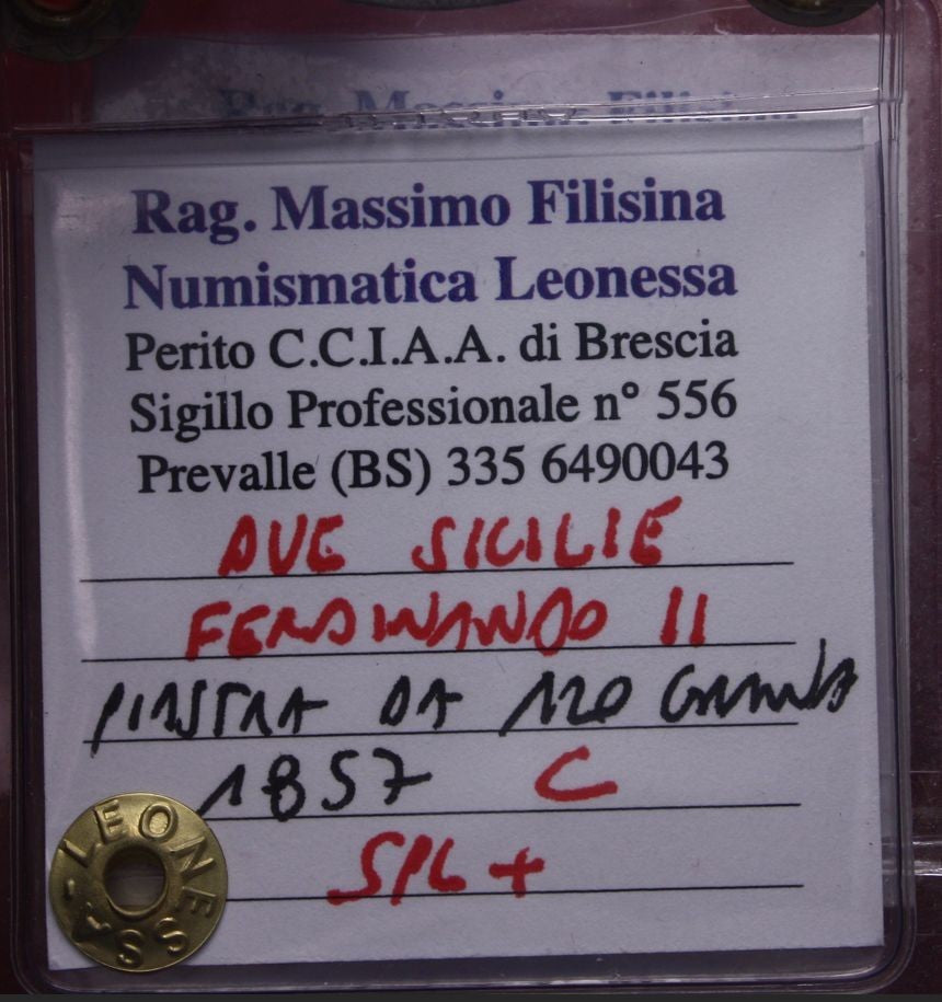 NL*NAPOLI FERDINANDO II Piastra 120 GRANA ARGENTO 1857 SPL+ Perizia Filisina M.
