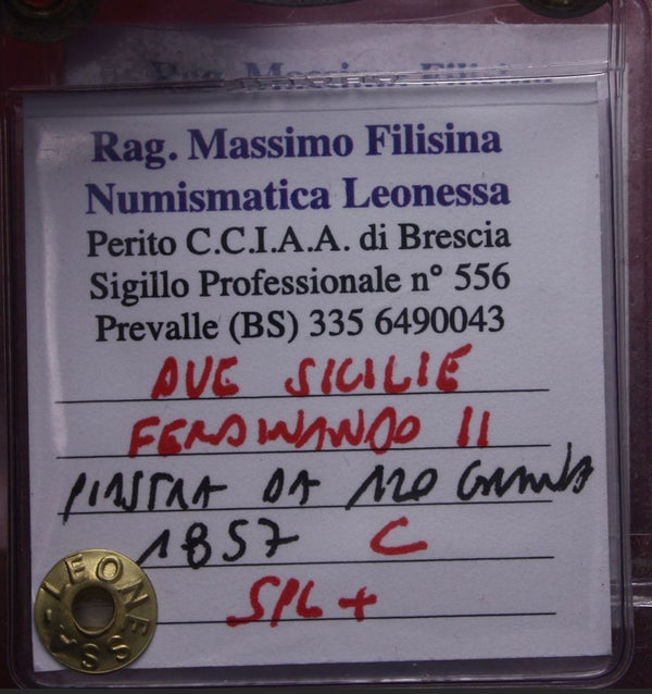 NL*NAPOLI FERDINANDO II Piastra 120 GRANA ARGENTO 1857 SPL+ Perizia Filisina M.