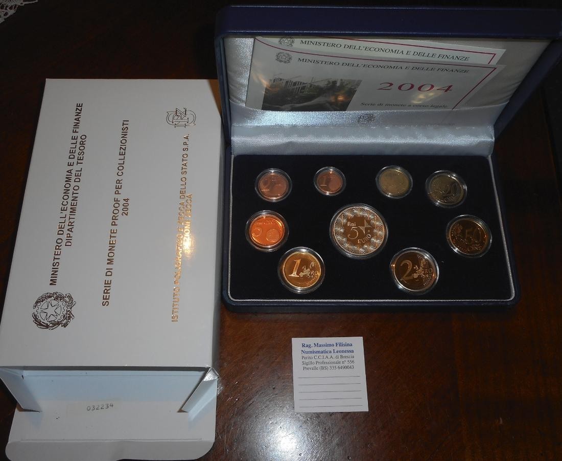 NL* ITALIA Divisionale 2004 9 Valori con 5 EURO ARGENTO RAI TV PROOF Set zecca
