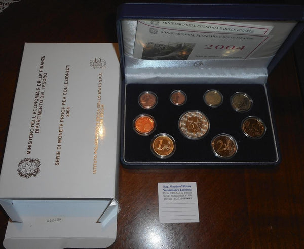 NL* ITALIA Divisionale 2004 9 Valori con 5 EURO ARGENTO RAI TV PROOF Set zecca
