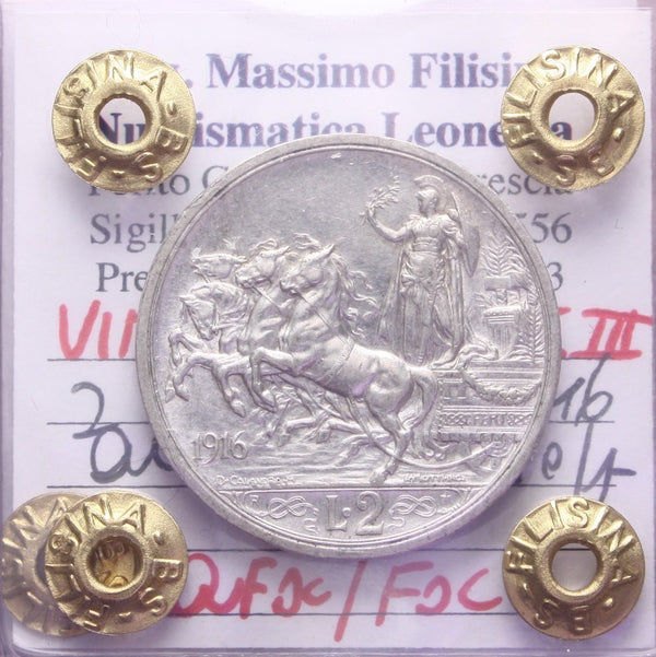 NL* VEIII Italia 2 LIRE ARGENTO 1916 QUADRIGA BRIOSA QFDC/FDC Perizia Filisina
