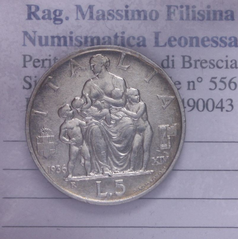 NL* VEIII 5 LIRE ARGENTO FECONDITA' 1936 XIV Eccellente conservazione *2