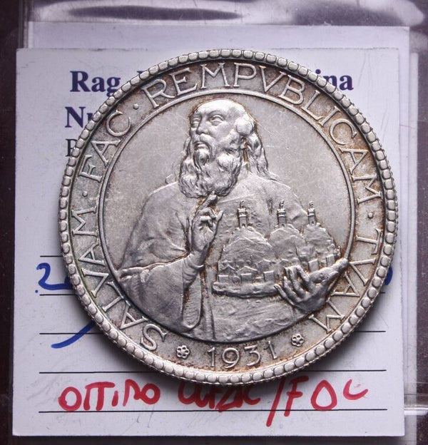NL* SAN MARINO 20 Lire SILVER 1931 Rome VERY FINE/UNCIRCULATED FILISINA appraisal M