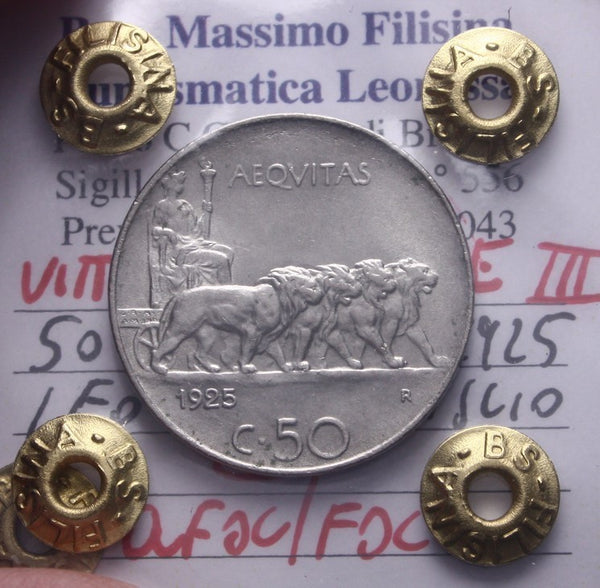 NL* VEIII 50 CENTESIMI LEONI CONTORNO LISCIO 1925 QFDC/FDC Perizia Filisina