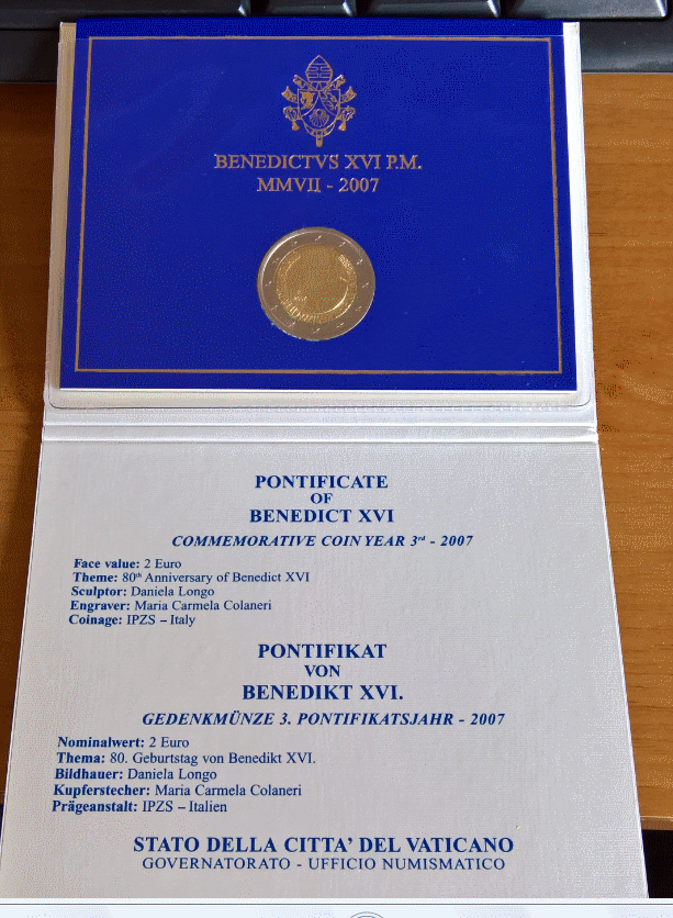 NL* CITTA' DEL VATICANO BENEDETTO 2 Euro 2007 80° GENETLIACO DEL PAPA FDC