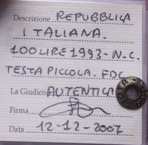 NL* Italia Repubblica 100 LIRE 1993 TESTA PICCOLA NC FDC Perizia Straziota