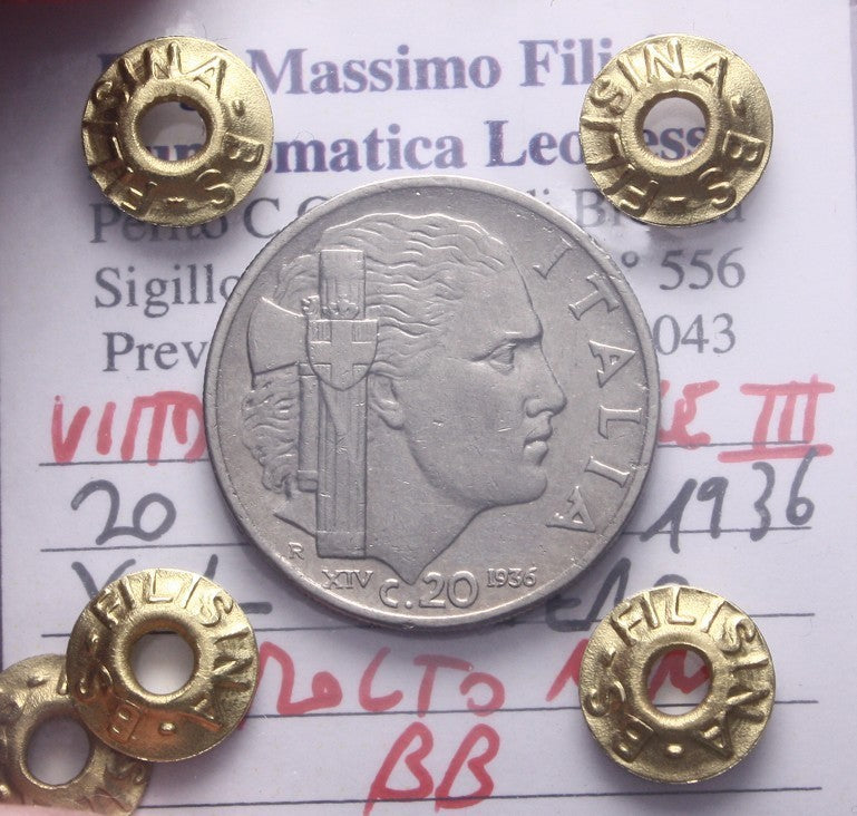 NL* VEIII 20 CENTESIMI IMPERO 1936 XIV MOLTO RARA R2 BB Perizia Filisina Massimo