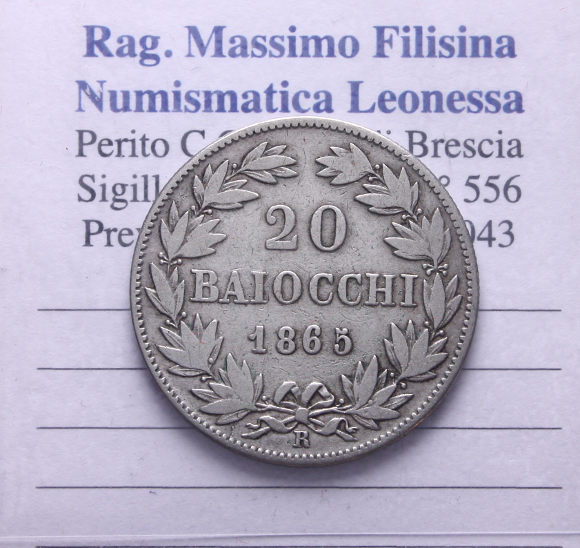 NL* STATO PONTIFICIO PAPA PIO IX 20 BAIOCCHI Argento 1865 XX ottima conservaz.