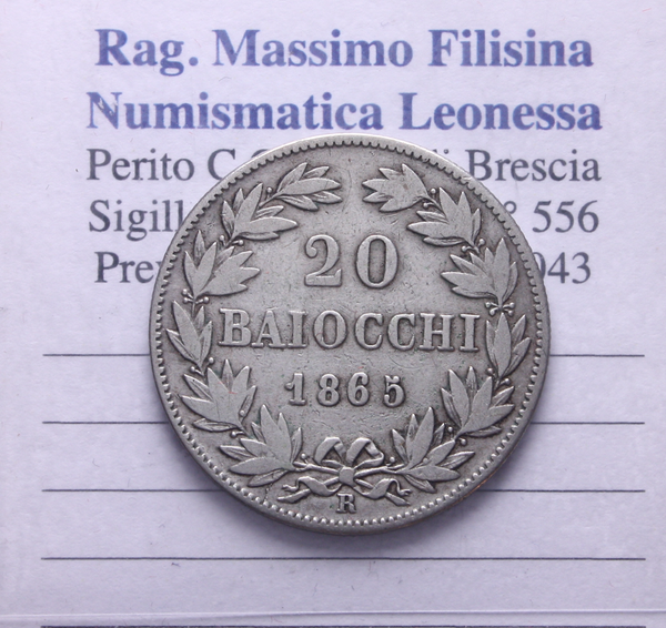 NL* STATO PONTIFICIO PAPA PIO IX 20 BAIOCCHI Argento 1865 XX ottima conservaz.