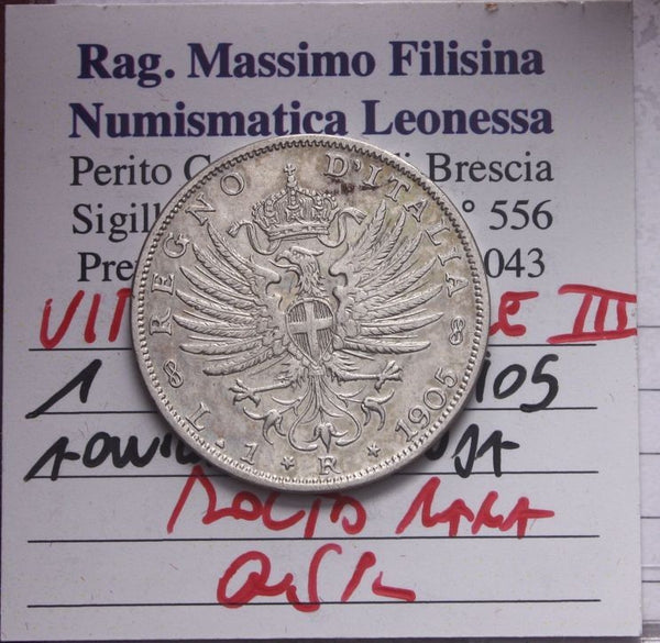 NL* VEIII 1 LIRA ARGENTO AQUILA SABAUDA 1905 R2 Q.SPL Perizia Filisina Massimo