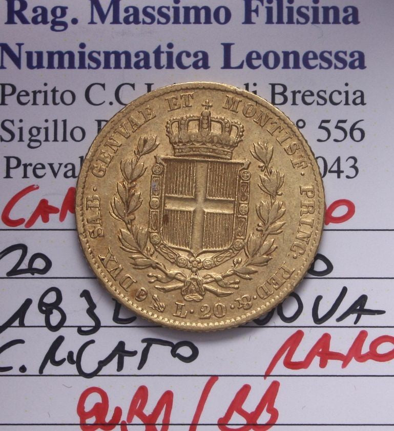NL* CARLO ALBERTO 20 Lire ORO 1832 GENOVA Q.BB/BB Perizia Filisina Massimo