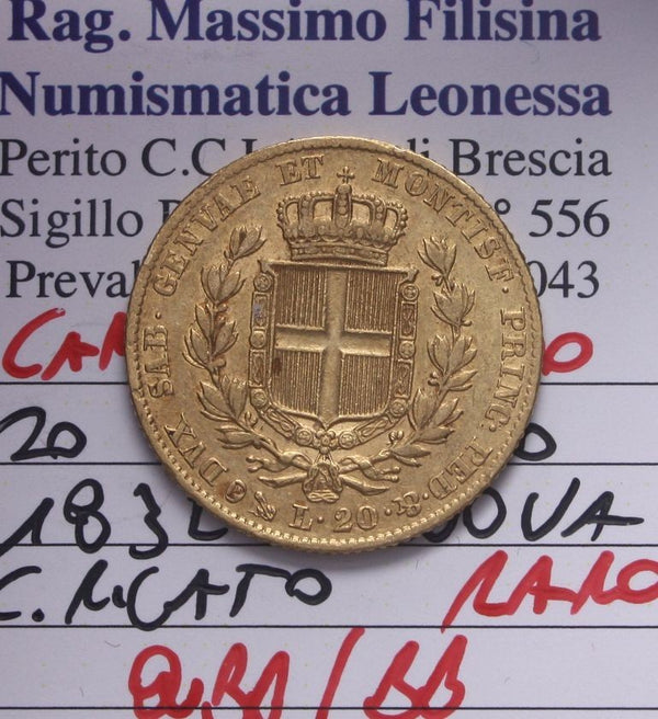 NL* CARLO ALBERTO 20 Lire ORO 1832 GENOVA Q.BB/BB Perizia Filisina Massimo
