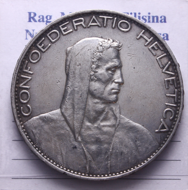 NL* SVIZZERA HELVETIA 5 FRANCHI Argento 1926 B come da foto
