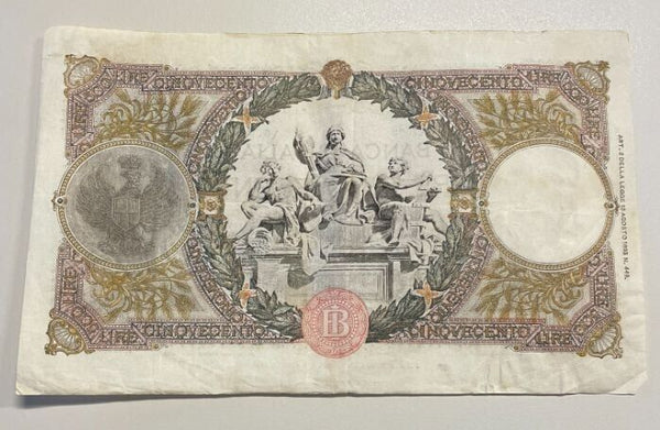 EN* BANK OF ITALY Banknote 500 LIRE REAPER 23 AUGUST 1943 RRR R3 8004 O302