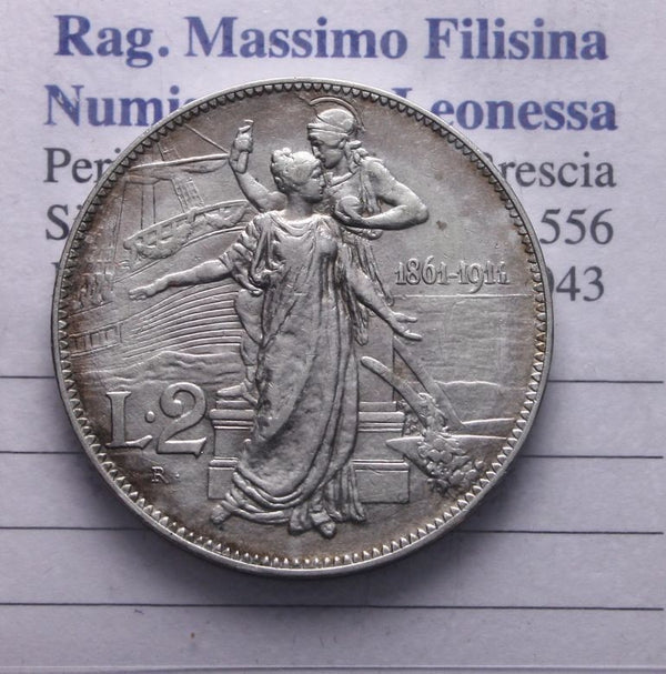 NL* VEIII RE D'ITALIA 2 Lire ARGENTO 1911 CINQUANTENARIO ottima conservazione *