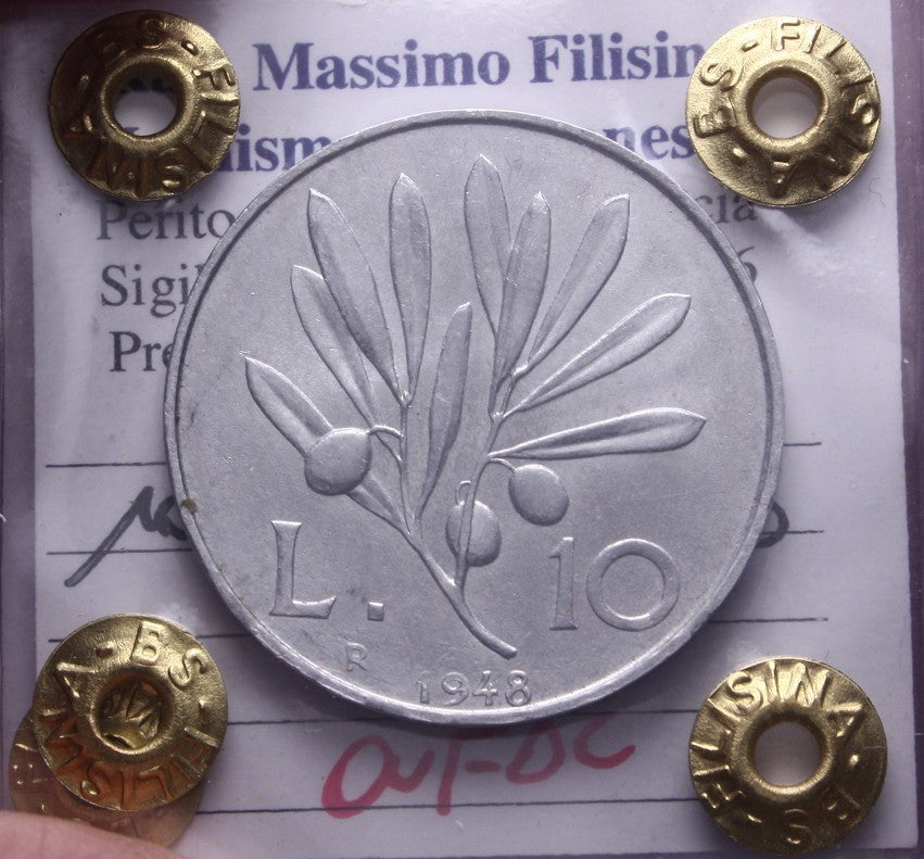 NL* Italia 10 LIRE PEGASO 1948 QFDC Perizia Filisina Massimo