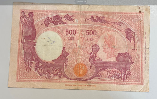 NL* BANCA D'ITALIA Banconota 500 LIRE BARBETTI C GRANDE 31 MARZO 1943 Q11
