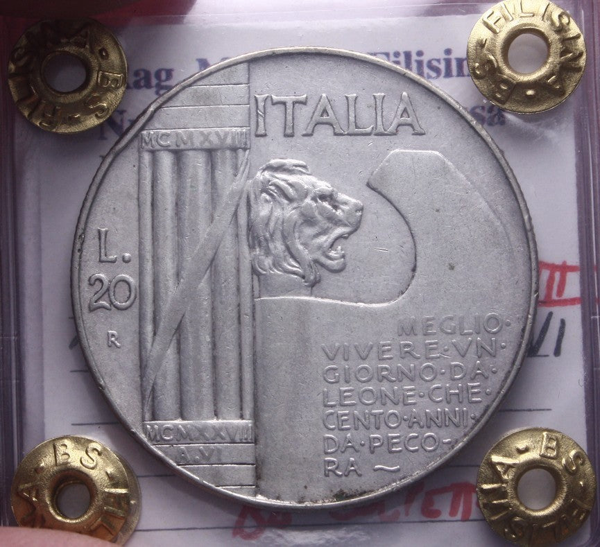 NL* VEIII 20 LIRE ARGENTO 1928 ELMETTO o CAPPELLONE BB COLPETTO Perizia Filisina
