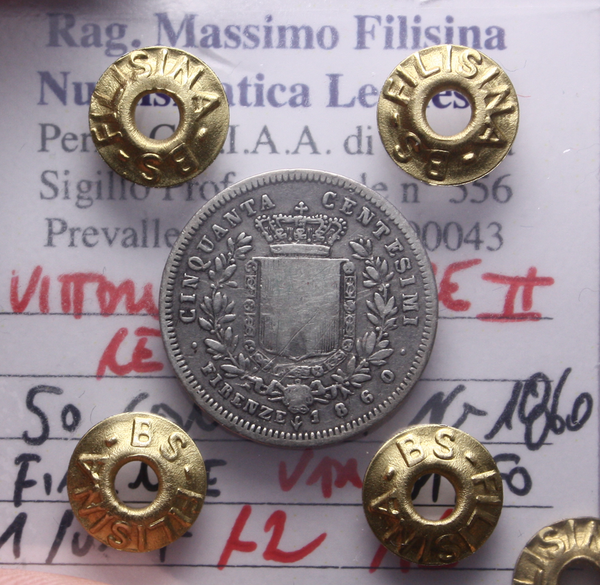 NL* VEII RE ELETTO 50 CENTESIMI Ag. 1860 FIRENZE VAR. BAFFO MB Perizia Filisina