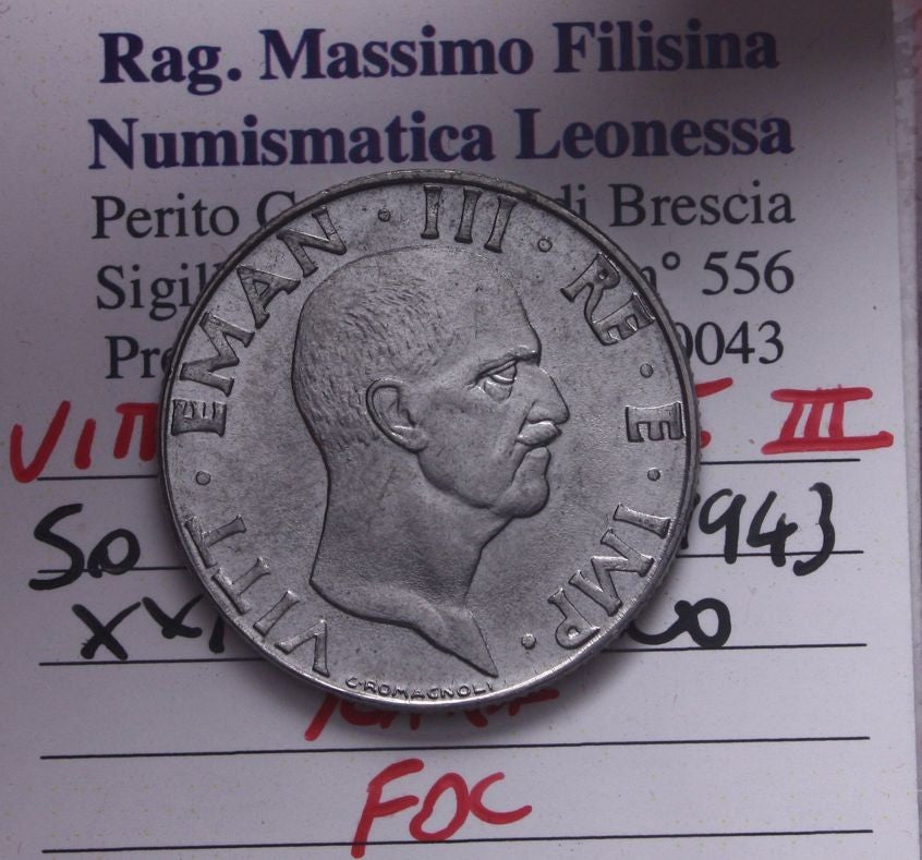 NL* VEIII ITALIA 50 CENTESIMI Impero 1943 XXI RARA FDC Perizia Filisina Massimo