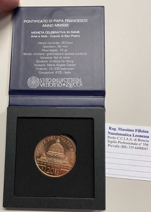 NL* VATICANO FRANCESCO 20 EURO Rame 2022 ARTE E FEDE CUPOLA DI SAN PIETRO FDC