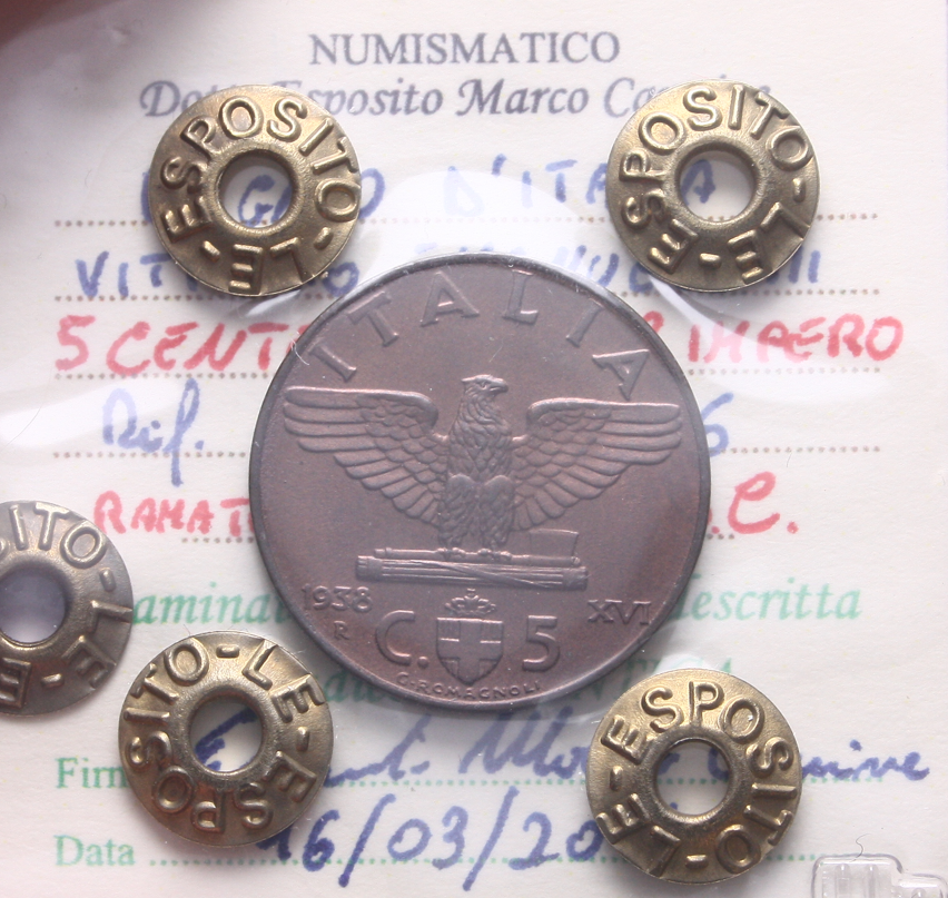 NL*VEIII 5 CENTESIMI RAME IMPERO 1938 XVI FDC RAME ROSSO Perizia Esposito Marco