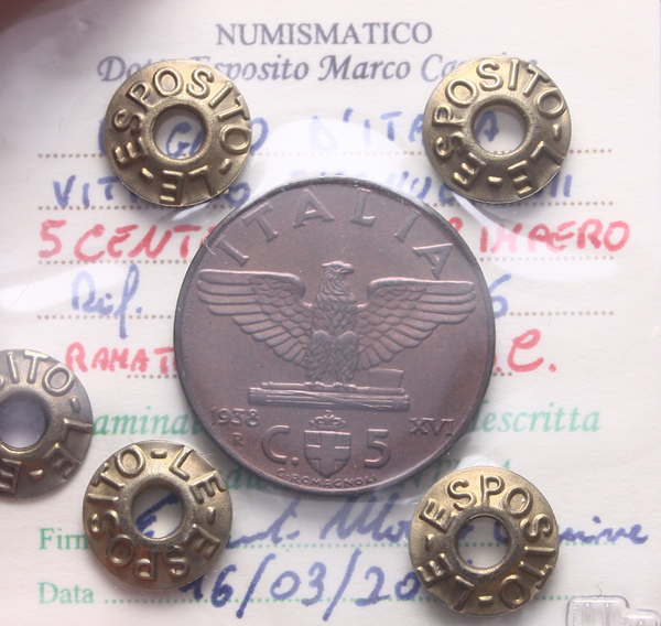 NL*VEIII 5 CENTESIMI RAME IMPERO 1938 XVI FDC RAME ROSSO Perizia Esposito Marco