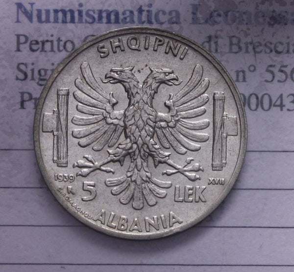 NL* VEIII ALBANIA 5 LEK Argento 1939 XVII super conservazione con lustro