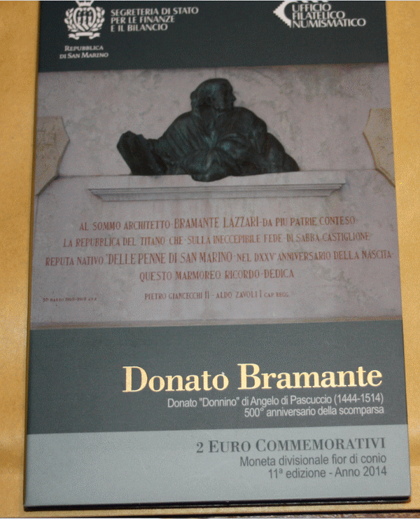 NL* Repubblica SAN MARINO 2 Euro 2014 DONATO BRAMANTE FDC set zecca