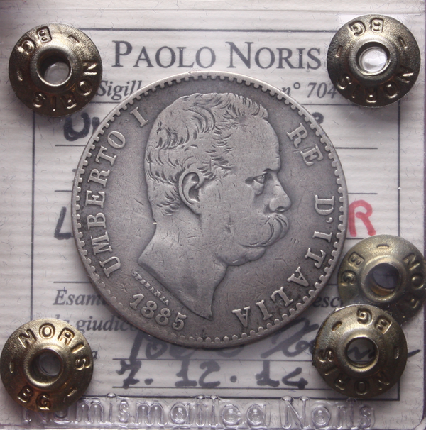 NL* UMBERTO I 2 LIRE ARGENTO 1885 ROMA MB Perizia Noris Paolo