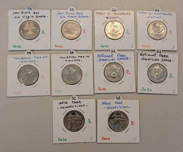 NL* USA Lotto 10 pezzi da 1/4 DOLLARO 2020 COMMEMORATIVI fdc come da foto