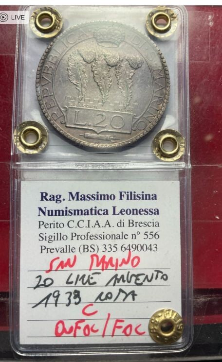NL* SAN MARINO 20 Lire ARGENTO 1933 Roma QFDC/FDC Perizia Filisina Massimo