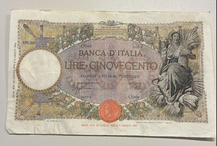 EN* BANK OF ITALY Banknote 500 LIRE REAPER 23 AUGUST 1943 RRR R3 8004 O302