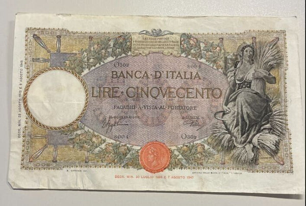 EN* BANK OF ITALY Banknote 500 LIRE REAPER 23 AUGUST 1943 RRR R3 8004 O302