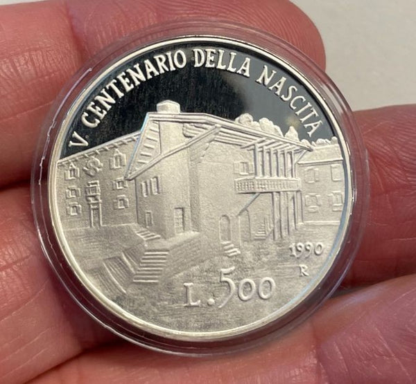 NL* ITALIA 500 Lire Argento 1990 TIZIANO VECELIO PROOF da Divisionale Zecca Oblò