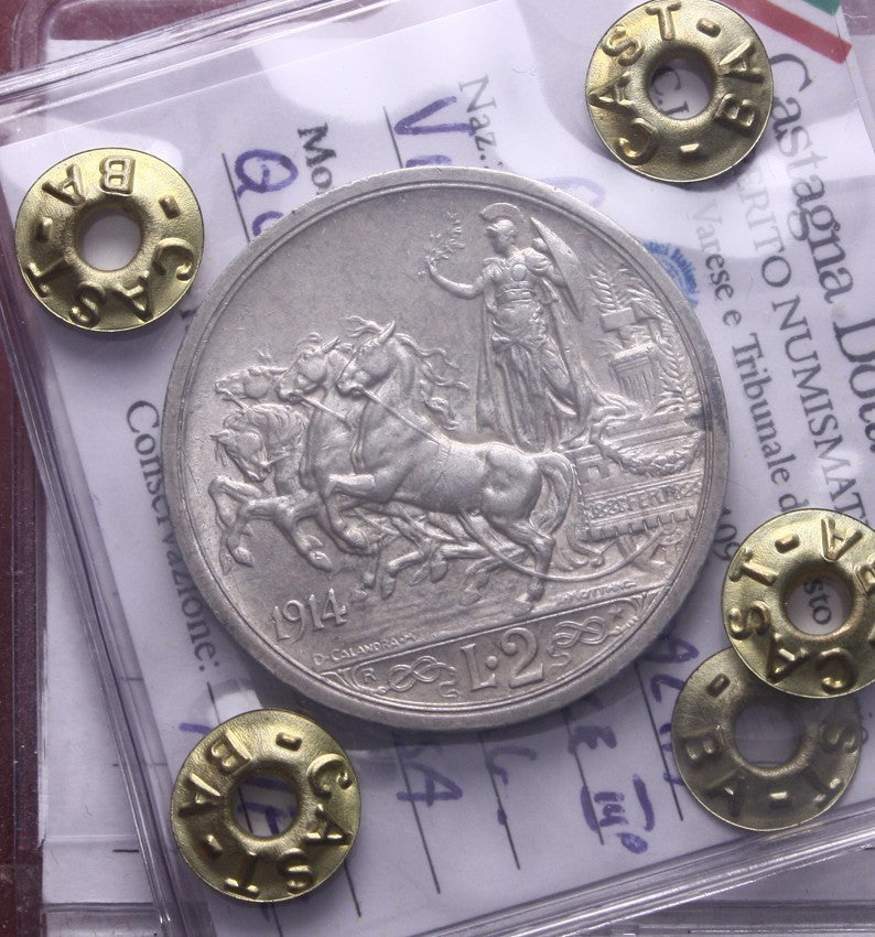 NL* VEIII Italia 2 LIRE ARGENTO 1914 QUADRIGA BRIOSA QFDC Perizia Castagna