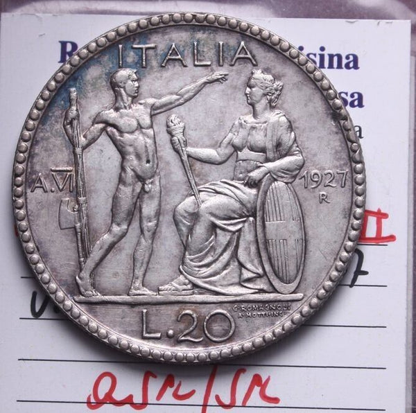 NL* VEIII 20 Lire Silver LITTORE 1927 NC QSPL/SPL Filisina Massimo Certificate