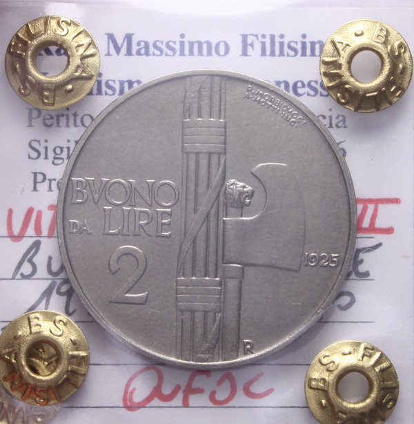 NL* VEIII Italia BUONO 2 LIRE FASCIO 1925 QFDC Perizia Filisina Massimo