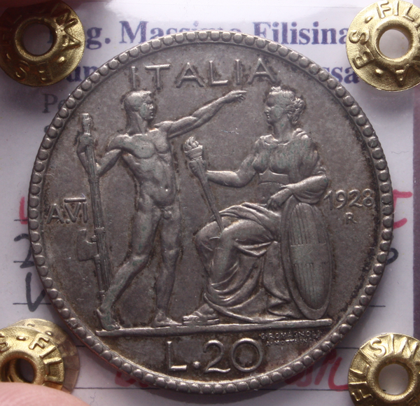 NL* VEIII 20 LIRE ARGENTO 1928 LITTORE RARO BB/SPL-QSPL Perizia Filisina Massimo