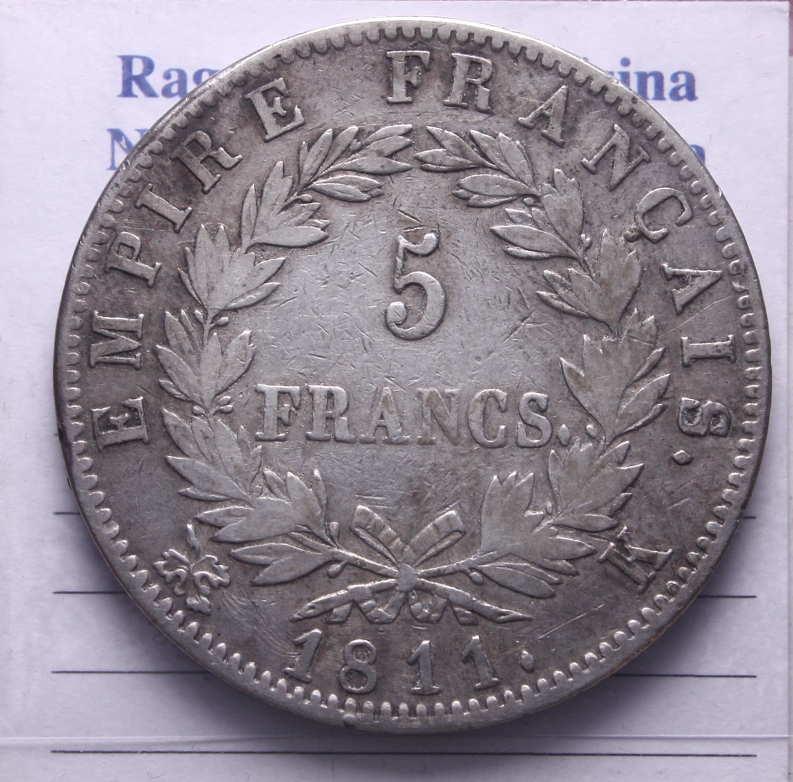 NL* FRANCIA NAPOLEONE I Imperatore 5 Francs Argento 1811 K come da foto