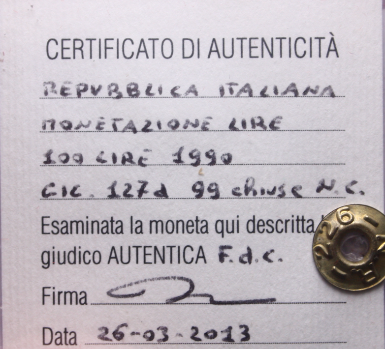 NL* ITALIA Repubblica 100 LIRE MINERVA 1990 99 chiuse NC FDC Perizia Raponi