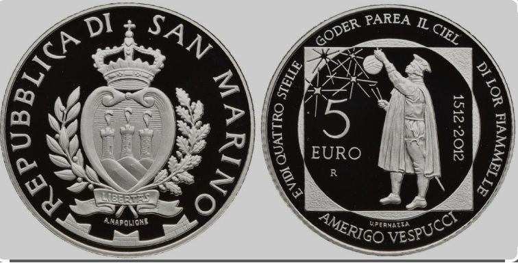 NL* SAN MARINO 5 EURO Argento 2012 500° AMERIGO VESPUCCI PROOF set Zecca