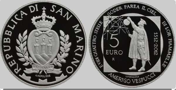 NL* SAN MARINO 5 EURO Argento 2012 500° AMERIGO VESPUCCI PROOF set Zecca