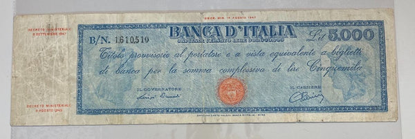 NL* BANCA D'ITALIA Banconota 5000 Lire TITOLO PROVVISORIO 3 settembre 1947 10510